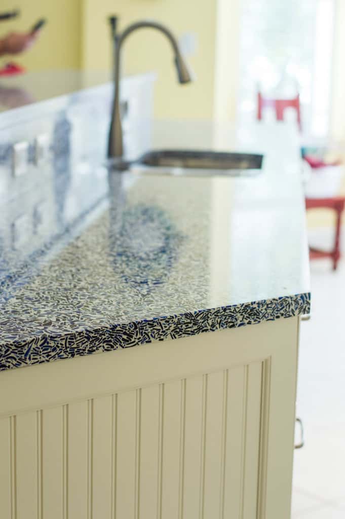 Coastal White And Blue Kitchen Featuring Recycled Glass